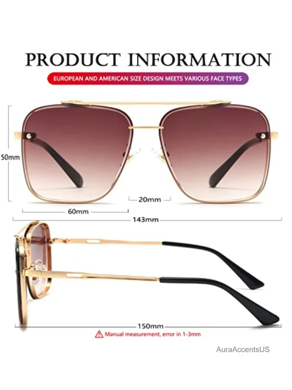 Oversized Square Aviator Sunglasses Metal Frame Gradient UV400 Unisex
